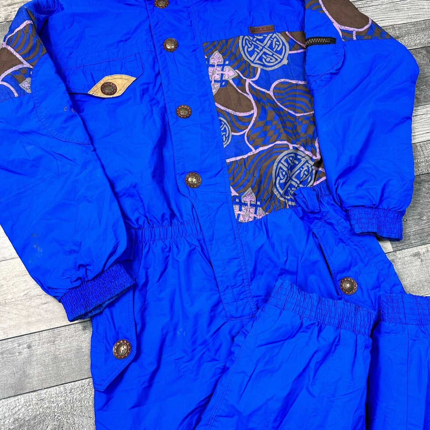 Vintage One Piece Ski Snowboard Suit 90s Crazy Retro Abstract Blue Mens Large