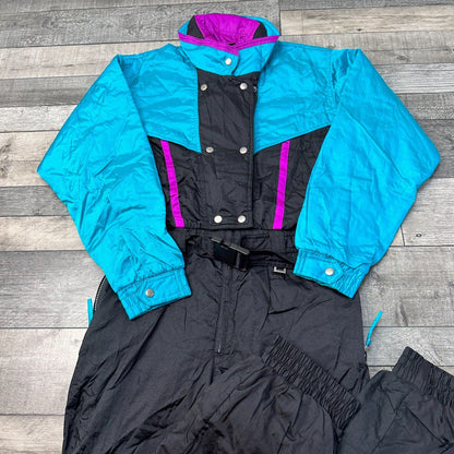 Vintage Solar Edge Retro Ski Suit 90s Colourblock One Piece Black Mens Medium