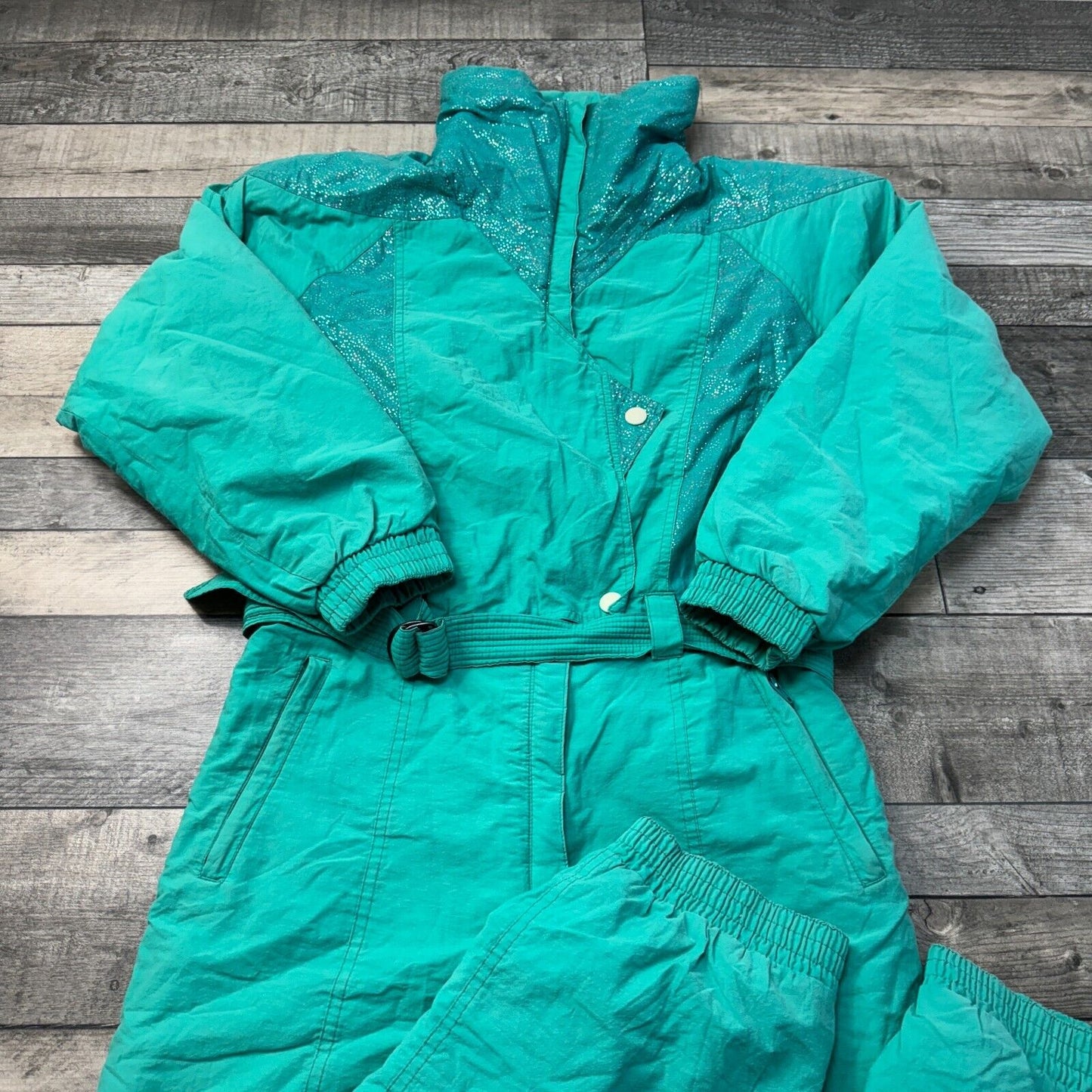 Vintage 90s Retro Ski Suit One Piece Colourblock Snowsuit Green Womens Small