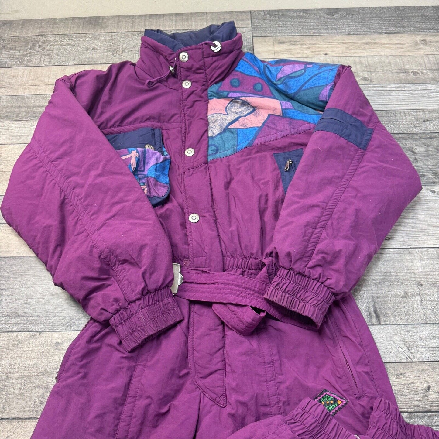 Vintage Ski Suit 90s Retro One Piece Snowsuit Colourblock Purple Mens Large