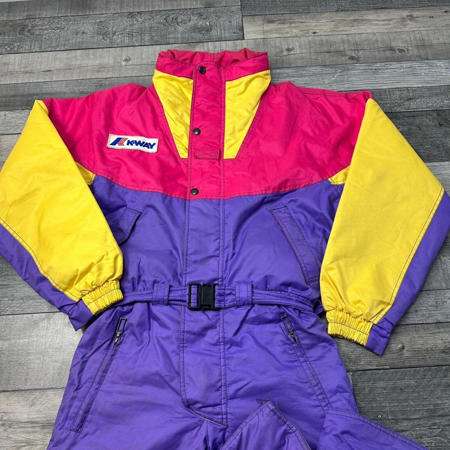 Vintage K-Way Retro Ski Suit 90s Colourblock Snow One Piece Purple Mens Small