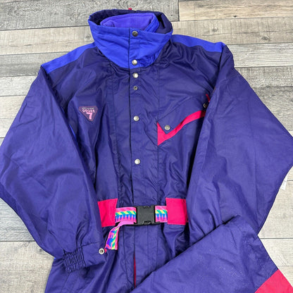 Vintage One Piece Ski Snowboard Suit 90s Retro Colour Block Purple Mens Small