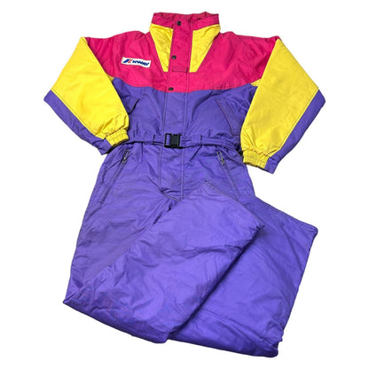 Vintage K-Way Retro Ski Suit 90s Colourblock Snow One Piece Purple Mens Small