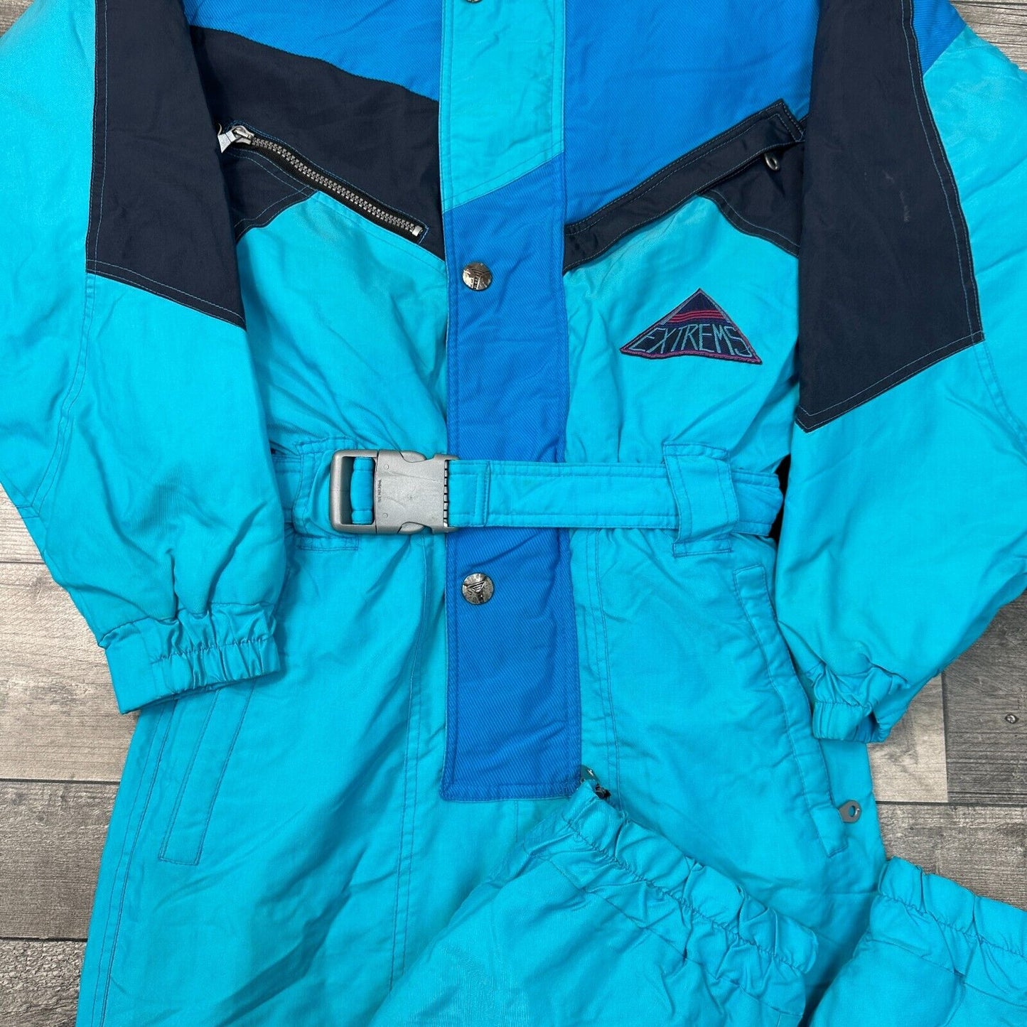 Vintage One Piece Ski Snowboard Suit 90s Crazy Abstract Retro Blue Mens Small