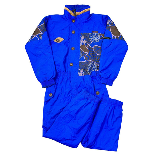 Vintage One Piece Ski Snowboard Suit 90s Crazy Retro Abstract Blue Mens Large